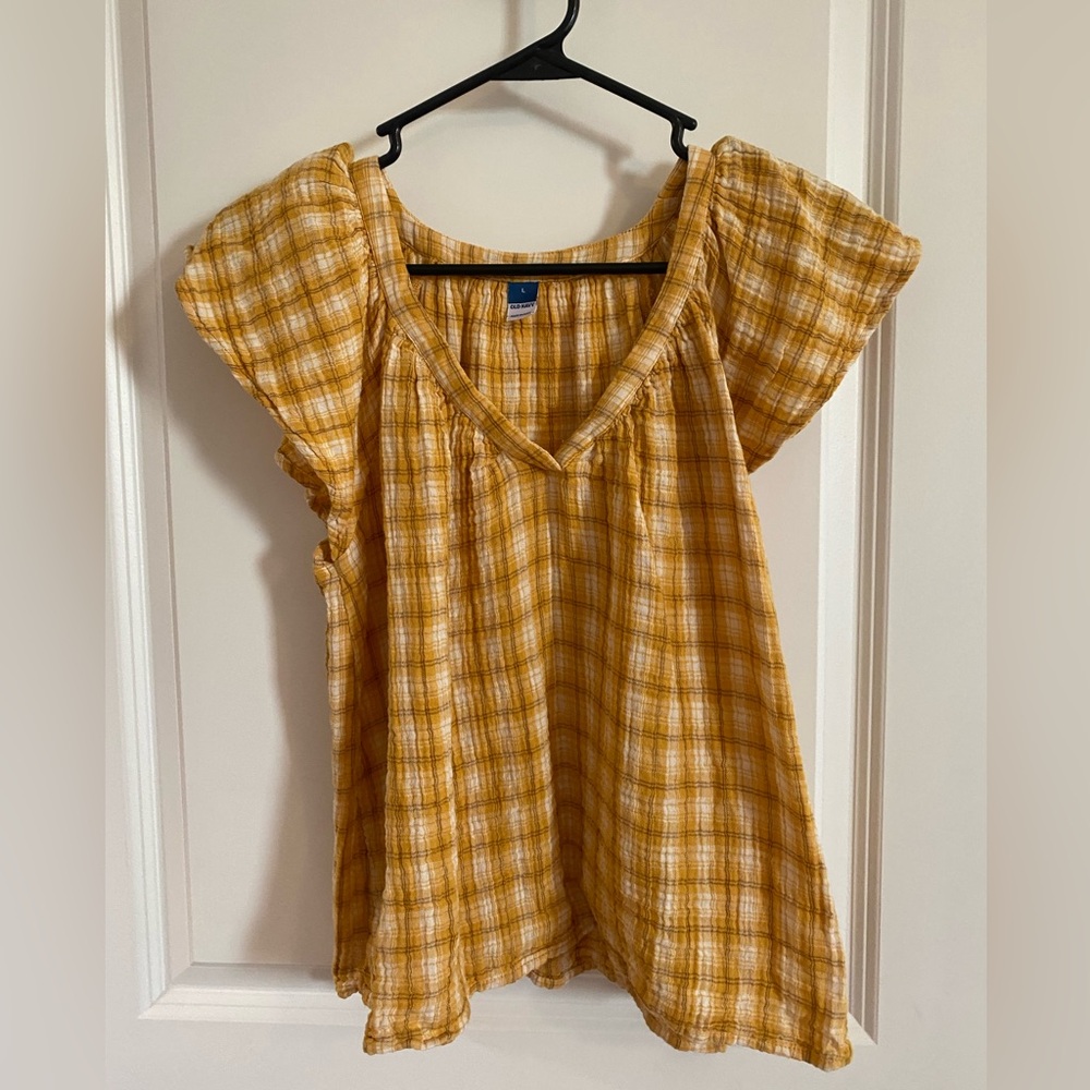 Yellow plaid flutter sleeve top